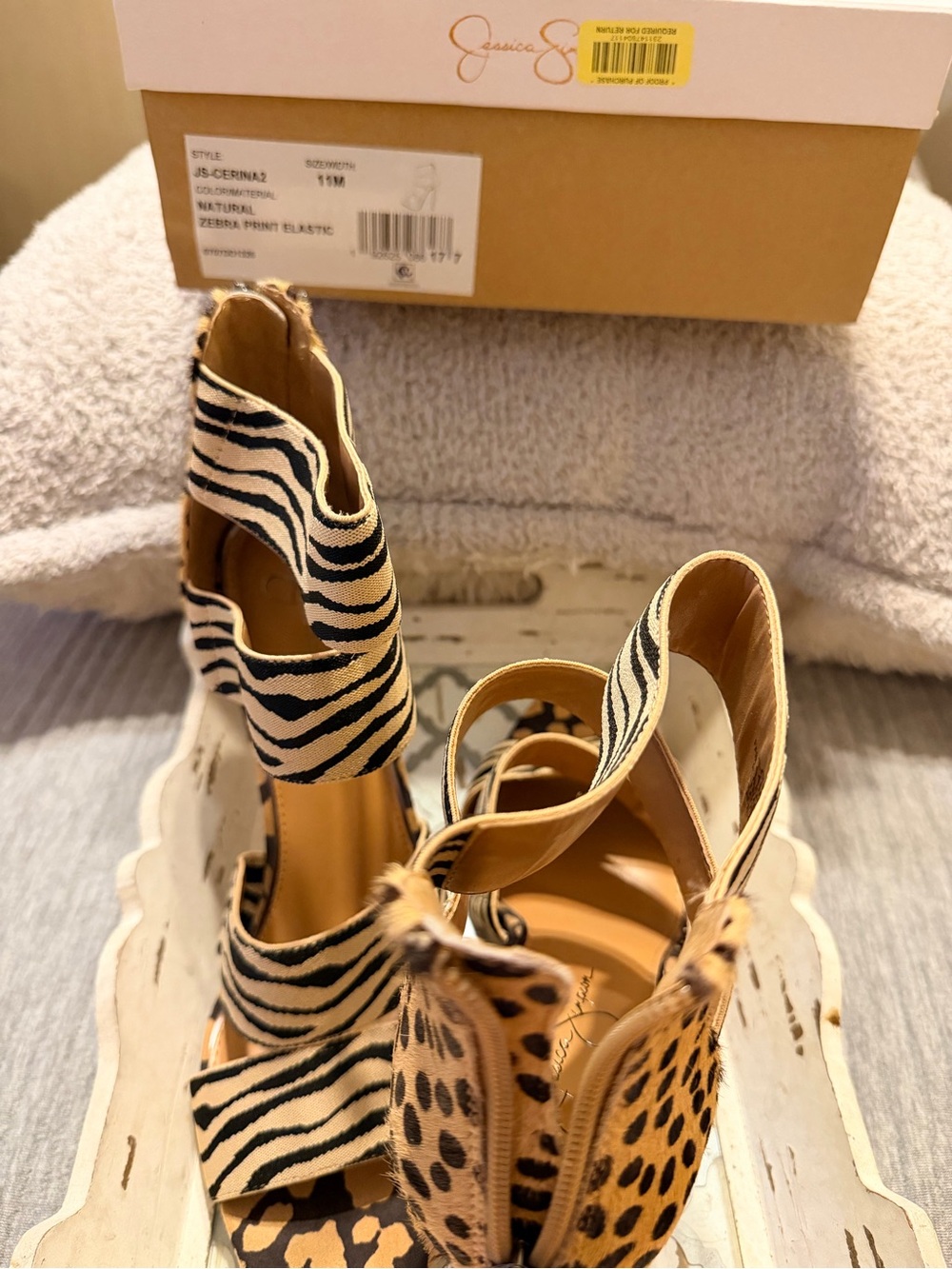 Jessica Simpson Natural Zebra Print Elastic High Heel Sandals size 11
